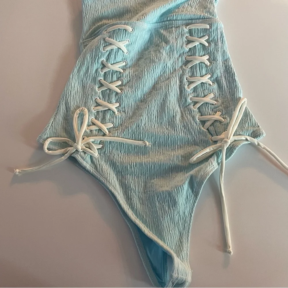 New! Frankie’s Bikinis Kylee lace-up one piece swimsuit blue 22752